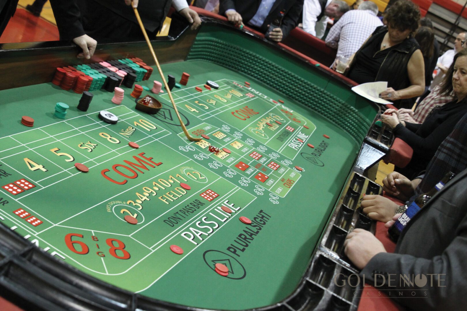 A group of people standing around a craps table.