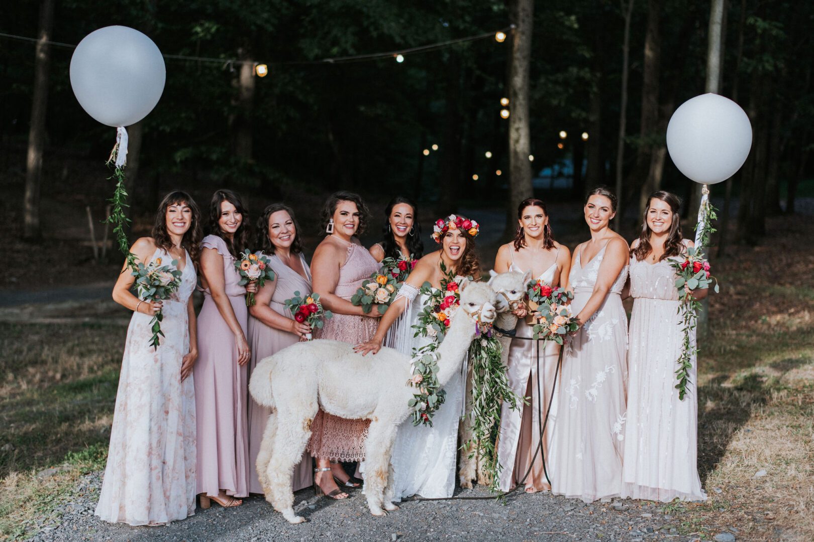 Bridesmaids with alpacas and balloons.